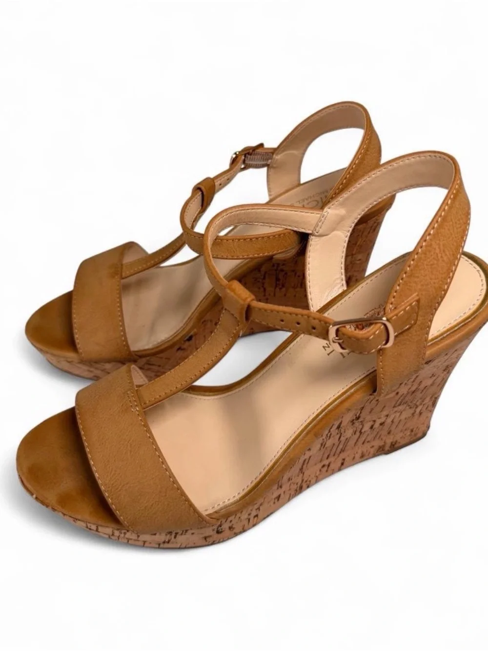 Michael Shannon Tan Cork Wedge T-Strap Sandals
